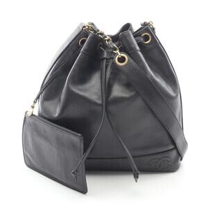 Chanel Triple Coco Mark Drawstring Shoulder Bag Black Calfskin Leather